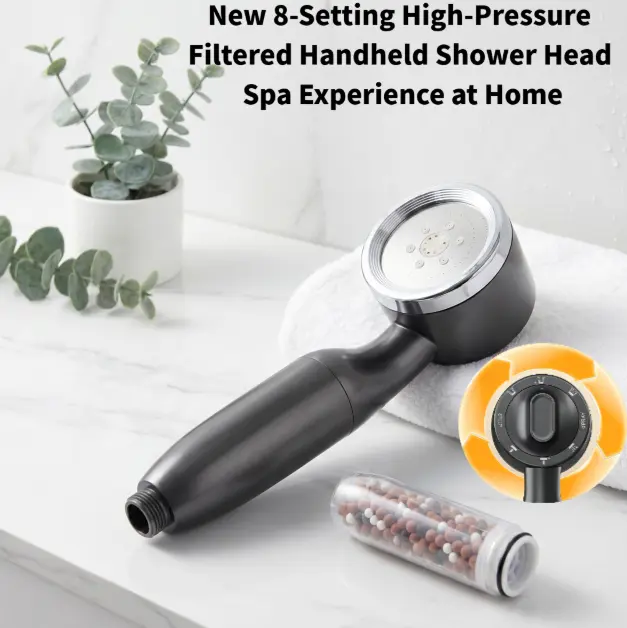Filtered Shower Head for Hard Water, 8-Setting High-Pressure Handheld ABS Sprayer with Rain, Massage, and Waterfall Modes, Shower Heads, Mist, Cleaning Shower, 8 Adjustable Spray Modes