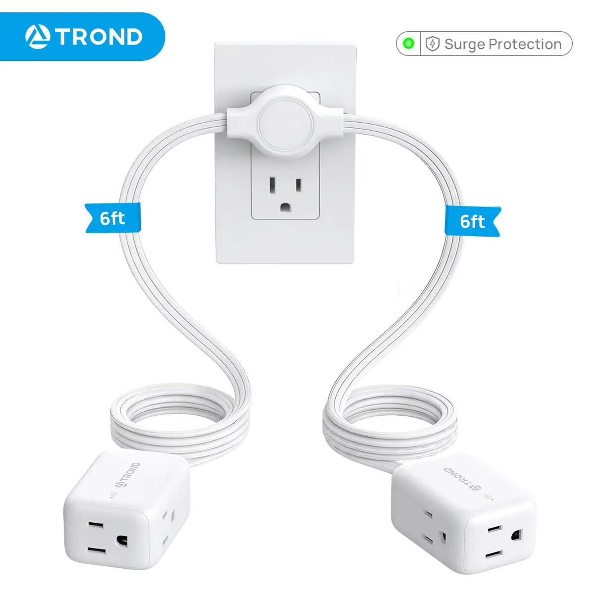 TROND Twin Extension Cord Power Strip, 6 / 12 / 20 FT Dual Cords, Ultra-Thin Flat Plug Extension Cord Splitter with Multi Outlets, Double Extension Cord for Home Dorm Room Behind Bed Sofa Tv Sets Cable Power Source