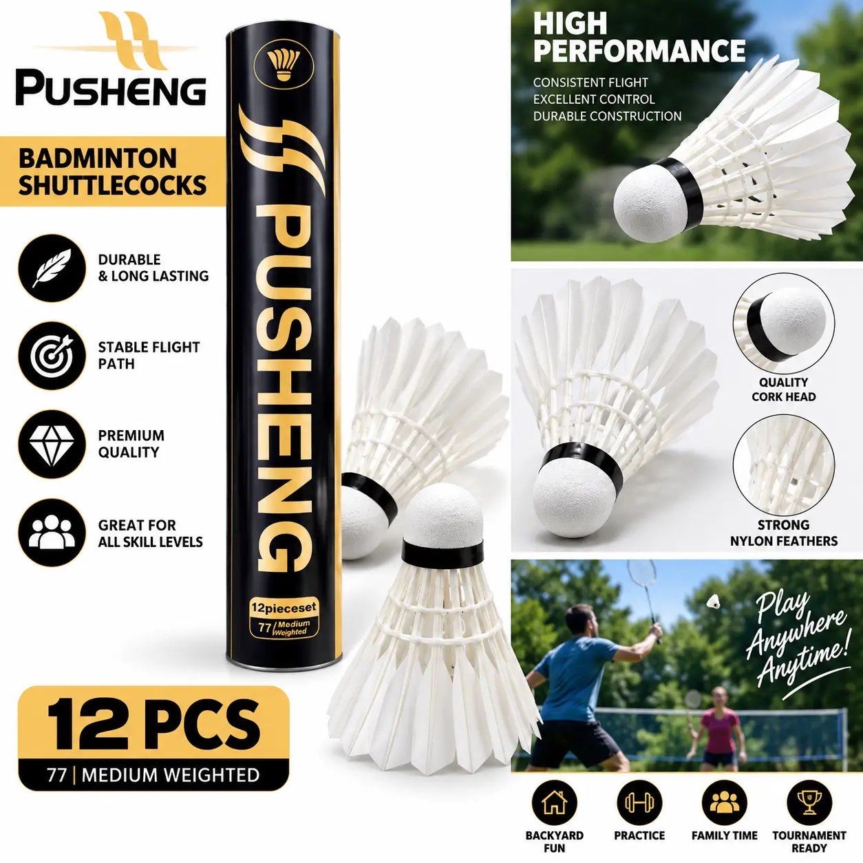 Pusheng Duck Feather Badminton Shuttlecocks Birdies, 12 Pack Speed 77 High Speed Training Badminton Balls, Durable & Stable for Indoor Outdoor Sports