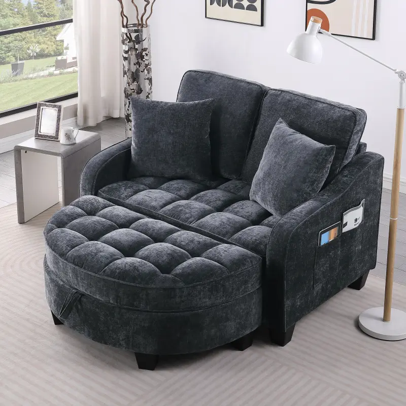 51‘’ Loveseat Couch with Irregular Armrests and Backrests, Double Sofa Chaise Longue with Storage Footrest, Two-Seater Sofa with Throw Pillows, Living Room, Bedroom, Easy Assembly, Black