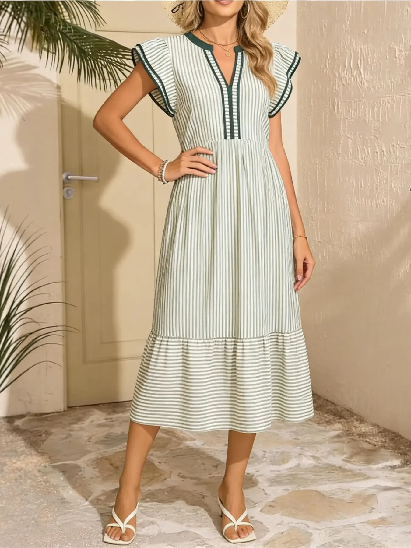 2026 Summer Fashion New Arrival Women's Striped Double Pleat Short Sleeve Contrast V-Neck Pleated Beach Dress, Beach Holiday Dresses, Stylish, Trendy and Elegance Ladies' Clothing, Womenswear