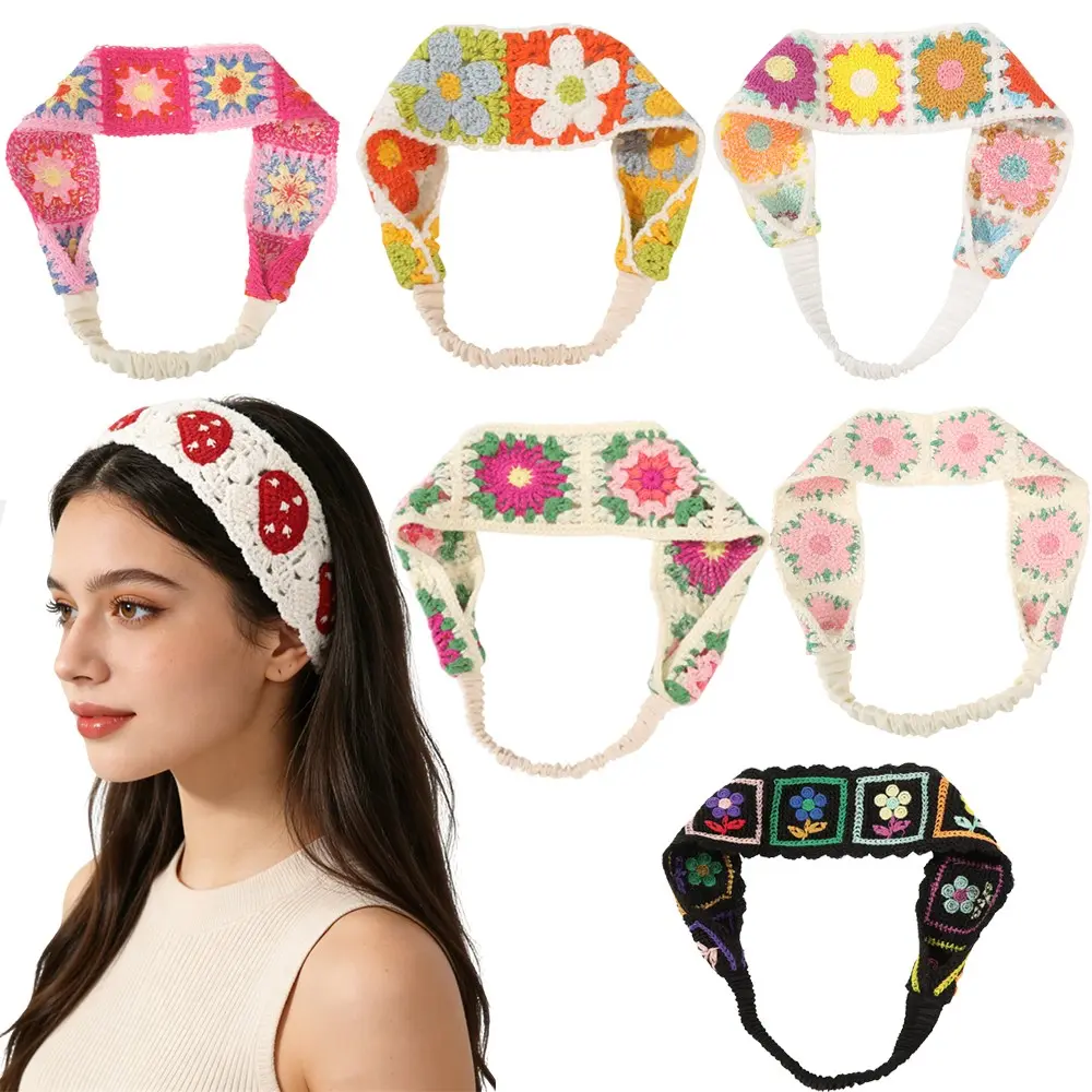 Women's 6-Pack Handmade Cotton Knit Crochet Headbands for Women - Boho Hollow Mushroom Floral Elastic Wide Fabric Headbands for Daily Use
