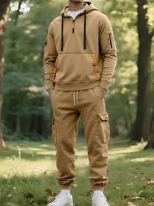 Men's two-piece color-blocked hooded fleece-lined sweatshirt and multi-pocket drawstring cuffed trousers, Sweatsuit with pockets, a casual and outdoor sports suit