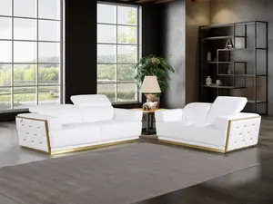 Global United 1111WHT-2PC 2 pc Modern White Italian Leather Sofa & Love Seat Set with Gold Accents & Adjustable Headrests for Living Room Furniture