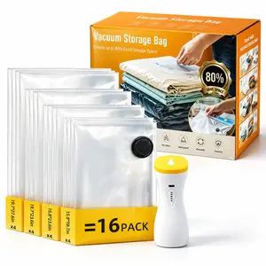 Cordless Travel Vacuum Storage Compression Bag Set - 16-Pack in 4 Sizes - 2‑in‑1 Rechargeable Handheld Pump with Built-In Battery -Waterproof & Reusable Space Saver for Clothes & Packing, Perfect forCarry-On Suitcases