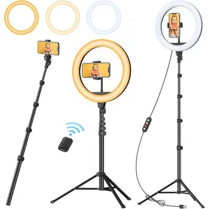 12" Ring Light with 63" extendable Tripod Stand, Selfie RingLight with Phone Holder and  Remote, 2-in-1 Dimmable LED Ring Light and Selfie Stick for Makeup, Live Stream, Photography