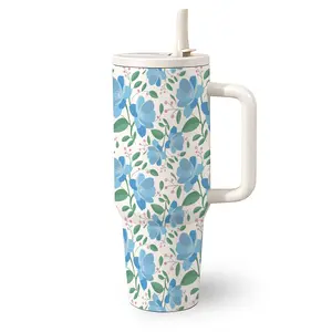 1 Pc 40 Oz Stainless Steel Water Cup with Handle and Straw, Blue Floral and Green Leaf Pattern Design, Double Wall Insulated Thermal Mug, Hot 12H/ Cold 24H, Fresh Elegant Drinkware Tumbler, Perfect for Mother’s Day, Birthday and Gifts for Women Friends.