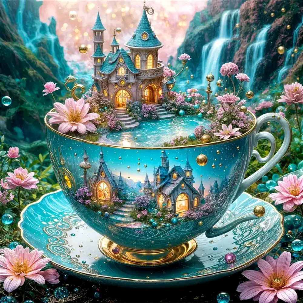 Teacup castle fantasy landscape wall art, Multiple sizes available including square and round diamonds, This 5D DIY diamond painting set diamond art embroidery kit DIY Kits handmade furniture decor holiday birthday art personalized gift, Handicraft