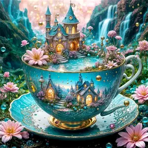 Teacup castle fantasy landscape wall art ，Multiple sizes available including square and round diamonds. This 5D DIY diamond painting set diamond art embroidery kit handmade furniture decor holiday birthday art personalized gift.