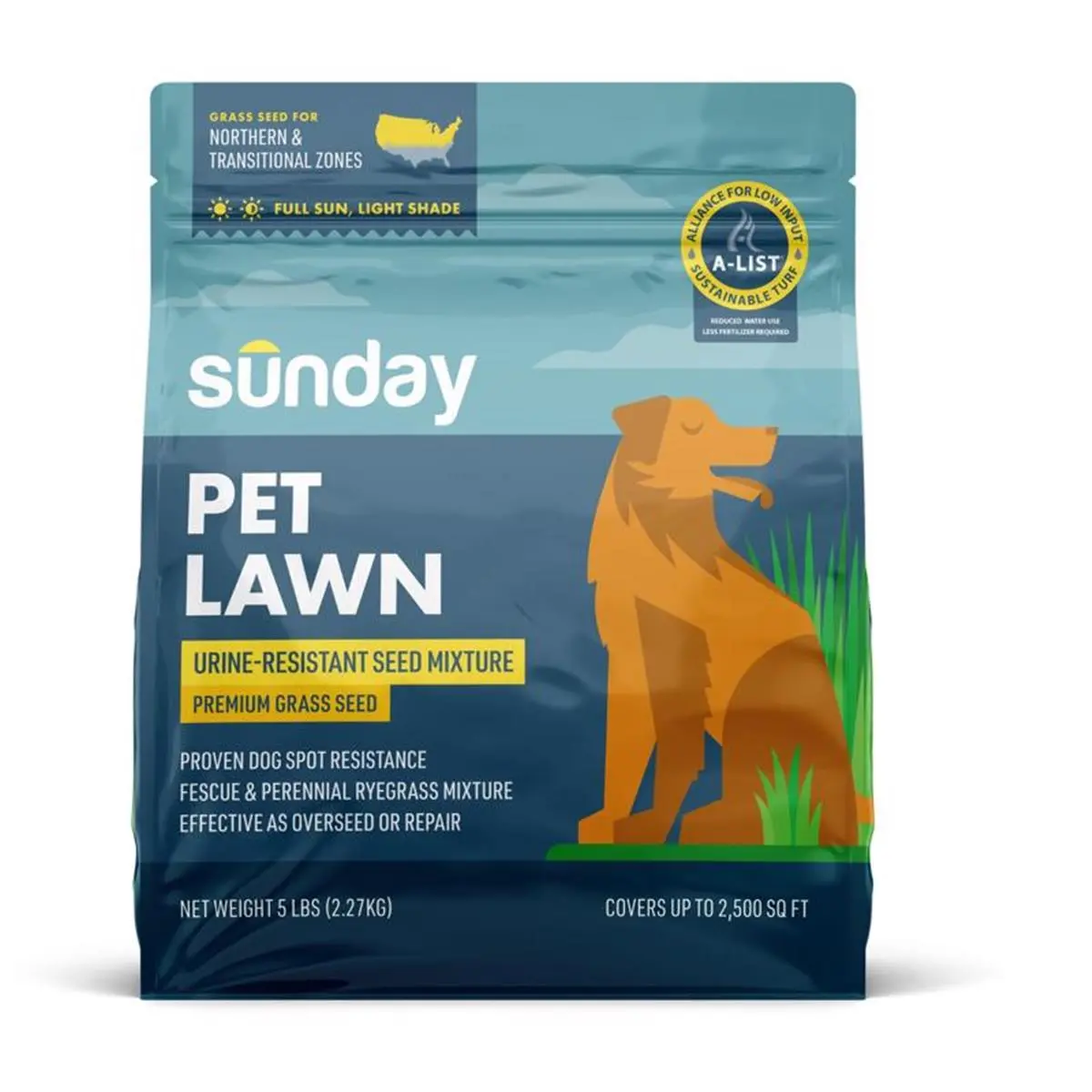 Sunday 7038029 All Grasses Seed - 5 lbs, Full Sun & Light Shade, Pet & Dog Spot Repair, Grass Seed