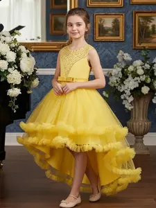 Girl's Floral Jacquard Tulle Dress, Elegant Round Neck Sleeveless A Line Dress for Party Wedding Guest, Kids Clothes for All Seasons, Ruffle Dress