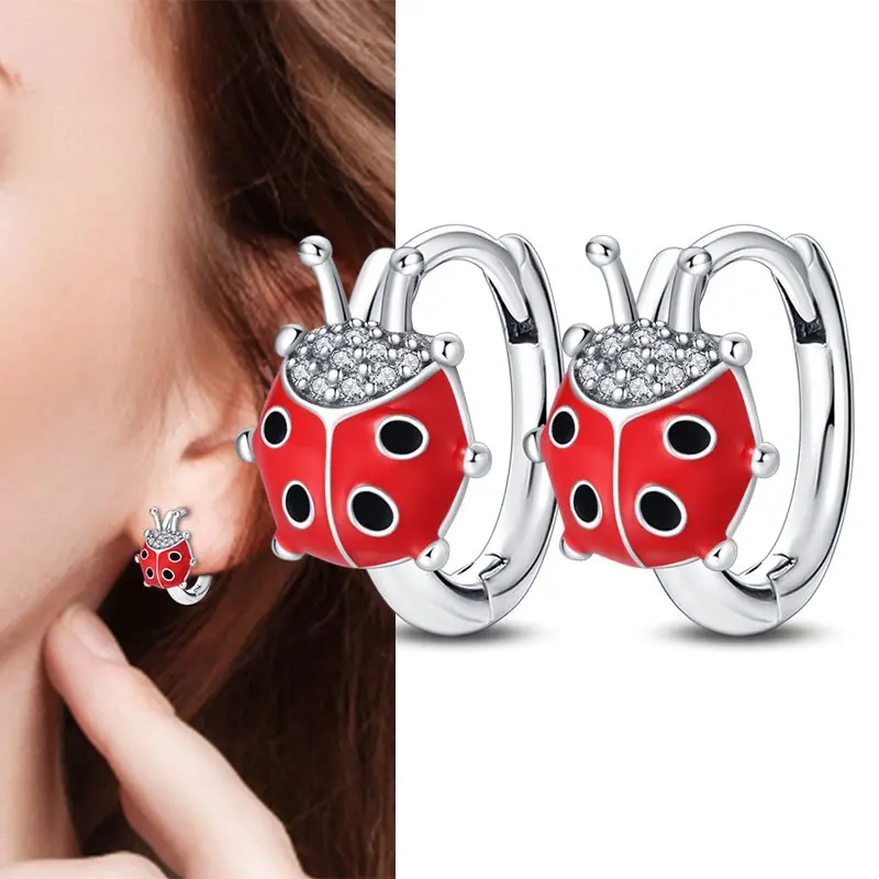 Women's S925 Sterling Silver Ladybug Huggie Ear Hoops, Hypoallergenic Lead-Cadmium-Free Charm Jewelry, No Silver Dipping Needed, Safe for Sensitive Skin, Ideal for Birthday, Mother's Day, Valentine's Day Gifts, Hoop Earrings, Mother's Day Gift