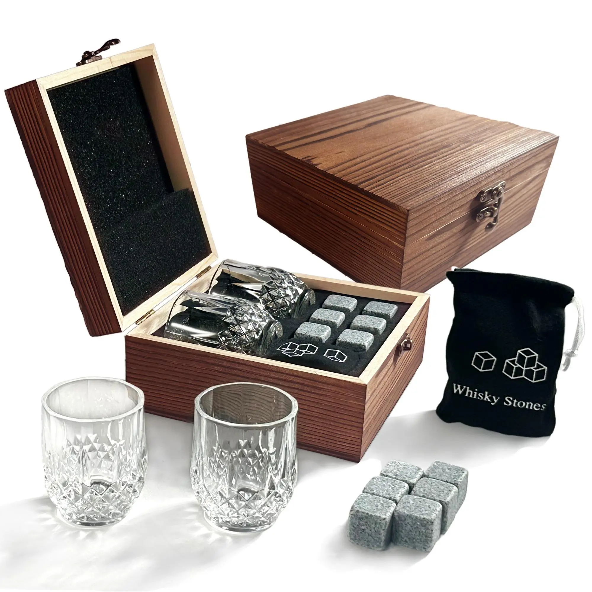 Whisky Stone & Glass Cup Gift Set, 1 Set Whisky Stone with Wooden Box & Storage Bag, Travel Accessories, Bar Accessories for Home & Party [Package Lis
