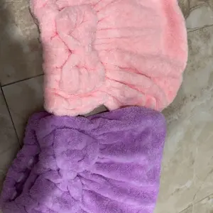 Women's 2pc Soft Towel Hair Drying Cap Set, Chic Bow Decor Shower Cap, Reusable Solid Color Bathroom Accessory, Gifts for Women for Camping Travel Self-Care Prep