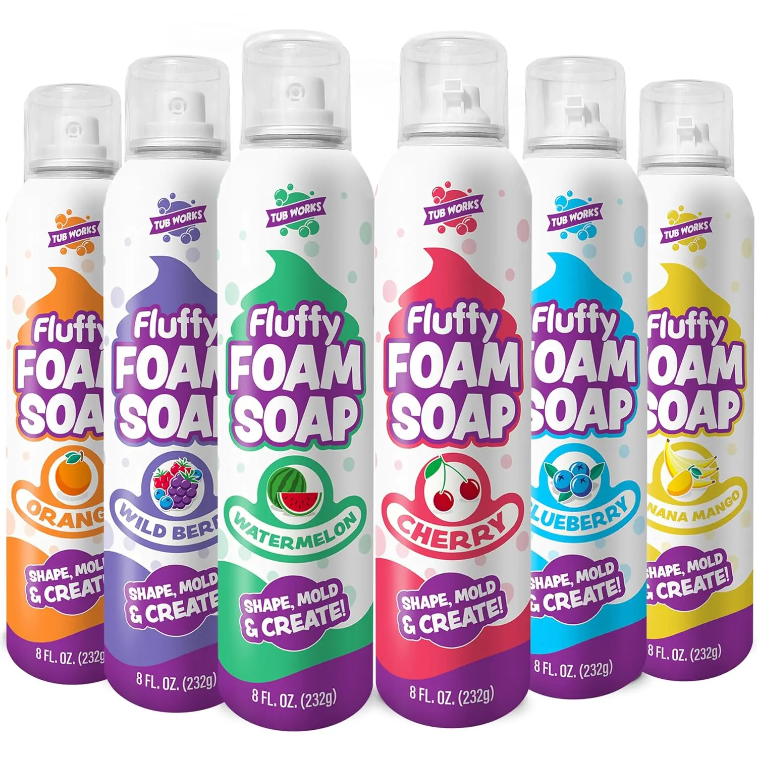 Tub Works Fluffy Foam Soap, Variety 6 Pack | Shape, Mold & Create Bath Art with Soft Bath Foam for Kids | Gentle, Cleansing Kids Bath Soap | Fruity, Fun Bath Colors