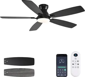 Ceiling Fans with Lights, 52 Inch Low Profile Ceiling Fan with Light and Remote Control, Flush Mount, DC Reversible , Noiseless, Black 6 Speeds Ceiling Fan for Bedroom
