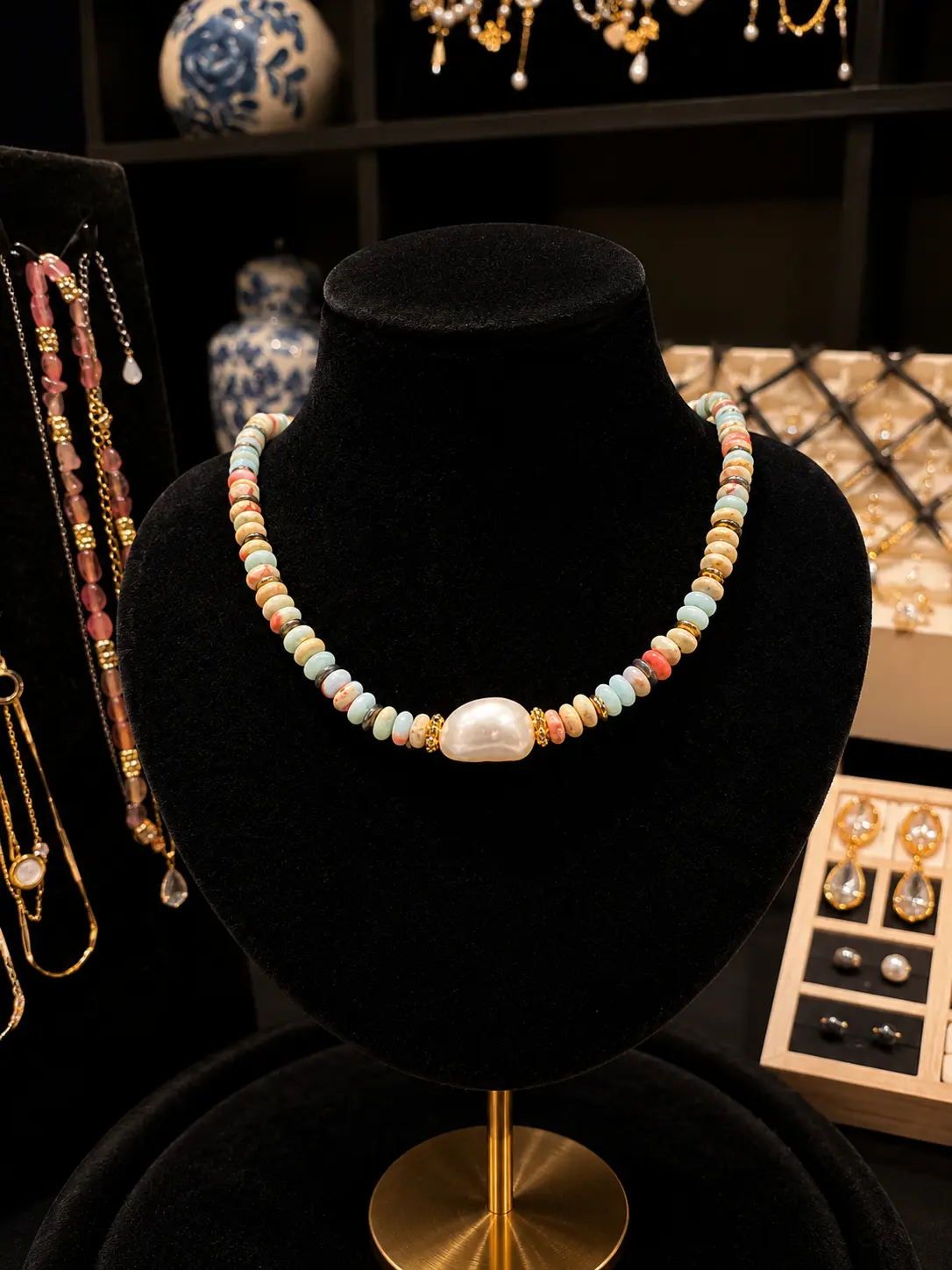 Natural Stone & Freshwater Pearl Necklace, Colorful Gemstone Beaded Necklace, Statement Pearl Jewelry
