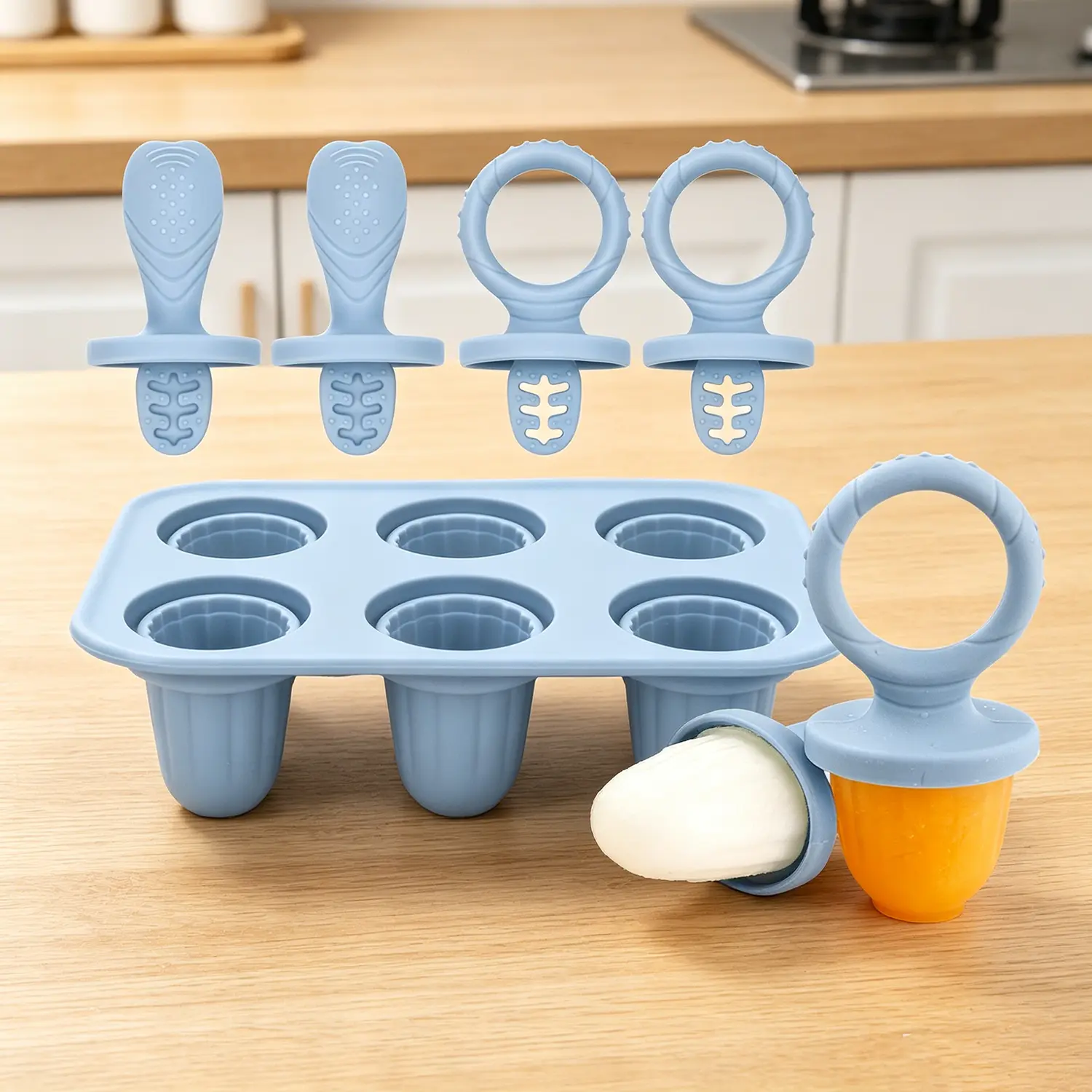 Food-Grade Silicone Homemade Popsicle Molds for Toddlers - 6-Cavity Kitchenware Utensils Ice Cream Tray, Flexible Round Molds, Easy-Grip Circular Ring Handles, Textured Sticks, Dishwasher Safe Mini Teething Aid