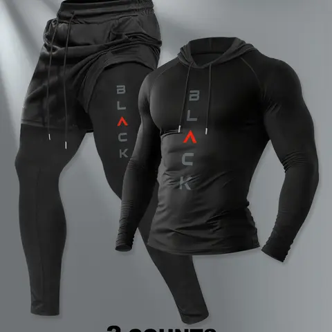 Men's Hooded Long Sleeve T-Shirt + Faux Two-Piece Pants Set with Graphics, Stylish Casual Fall & Winter, Moderate Fabric, Fitted Style, Stylish Casual Tracksuit