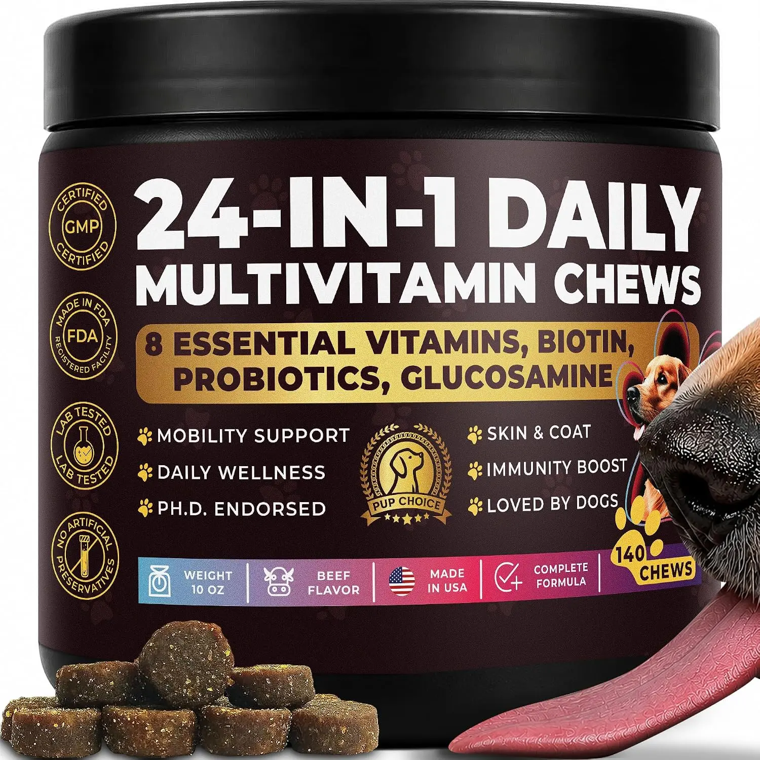 24-in-1 Complete Multivitamin Treats for Dogs - PhD Endorsed 8 Vitamins, Biotin, Probiotics, Glucosamine - Daily Wellness, Immunity, Skin & Coat, Mobility 140 Treats - Beef Flavor - Made in USA
