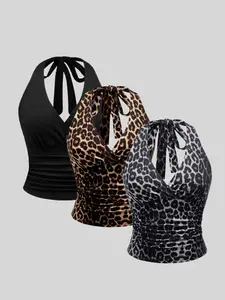 Spring Summer Women's Plain Leopard Print Tie Back Vest Set, Versatile Three-Piece, Stylish and Comfortable