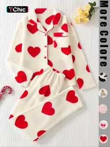 Two-piece Women's All-Over Cartoon Bear Print Lapel Collar Top & Elastic Waist Pants Pajama Set, Long Sleeve Button Up Top & Pants Set, Women's Sleepwear for Winter