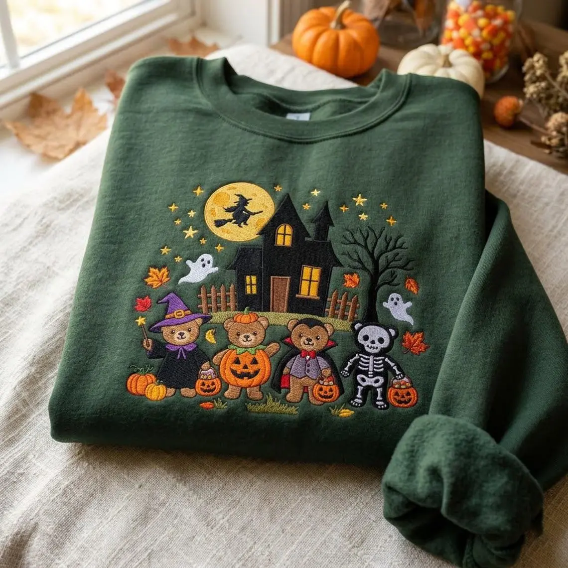 Embroidered Teddy Bears Halloween Sweatshirt, Haunted House Shirt, Vintage 90s Trick or Treat Crewneck, Pumpkin Lover Gift