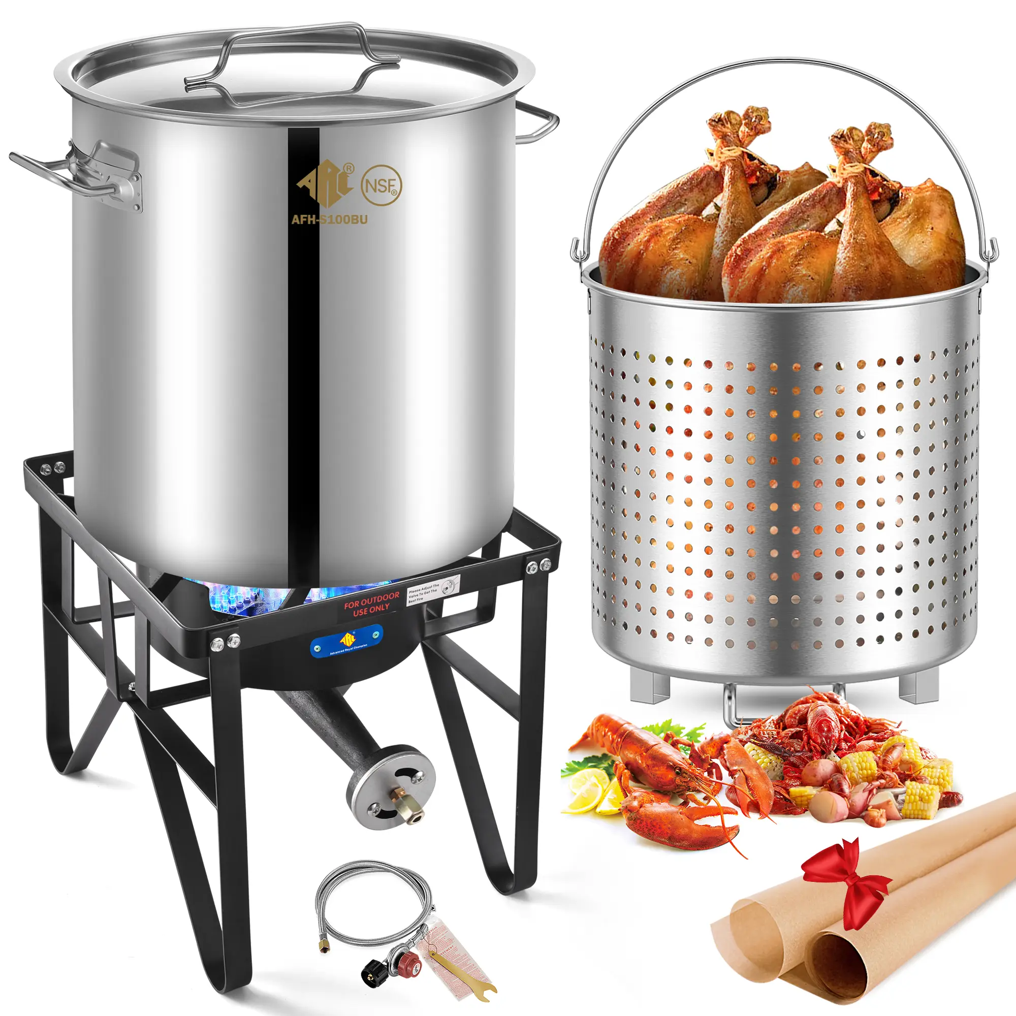 ARC 100QT Stockpot Seafood Boil Pot and Propane Stove with 200,000 BTUs, Stainless Steel Crawfish Boil Pot with Basket and Steam Rack, Burner for Outdoor Cooking and Steaming