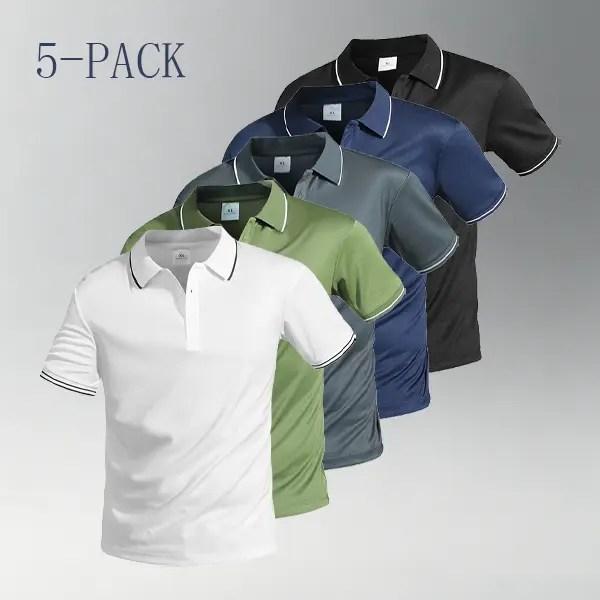 Men's 5-Pack Polo Shirts, Quick-Dry Golf Performance Tops with Button Placket, Breathable Moisture-Wicking Fabric, Athletic