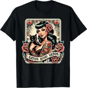 Gatos Before Vatos Black Cat Mexican Chingona Pin-Up Queen T-Shirt