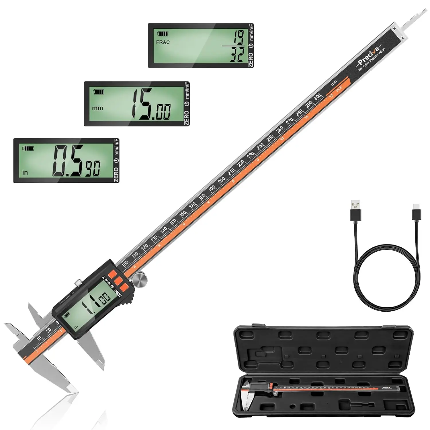 Digital Caliper 12", Rechargeable Stainless Steel Micrometer