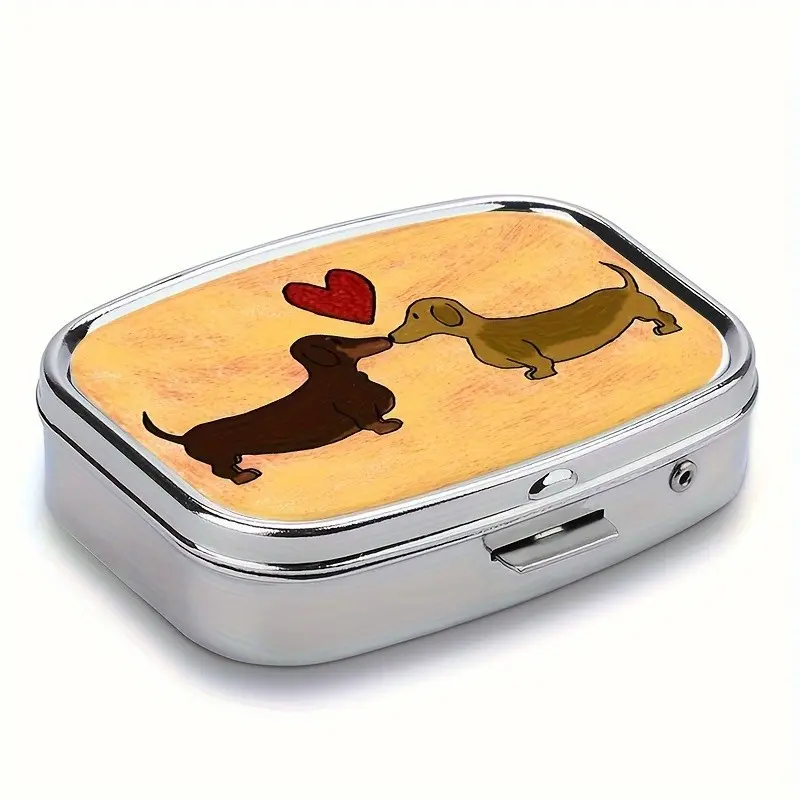 Dachshund Couple Heart Compact Pill Box with Mirror, Cute Hand-Painted Style, 2 Compartment Travel Pill Organizer, Vitamin Organizer, Supplement Organizer, Vitamin Dispenser, Gift for Pet Owners