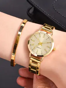 Women's Elegant Fashion Round Dial Quartz Watch & Bracelet Set, Modern Fashionable Wristwatch, Fashion Watch Set for Party, Daily Decor, Trendy All-match & Exquisite Watch Set for Birthday Gift, Women's Gifts