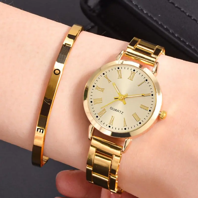 Women's Elegant Round Dial Quartz Watch & Bracelet Set, Modern Fashionable Wristwatch for Party & Daily Wear, Trendy Versatile Watch Set for Birthday Gift