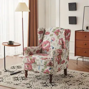 Upholstered Accent Wingback Chair (Red Floral) - Indoor Armchair with Removable Cushion, Suitable for Living Room & Bedroom