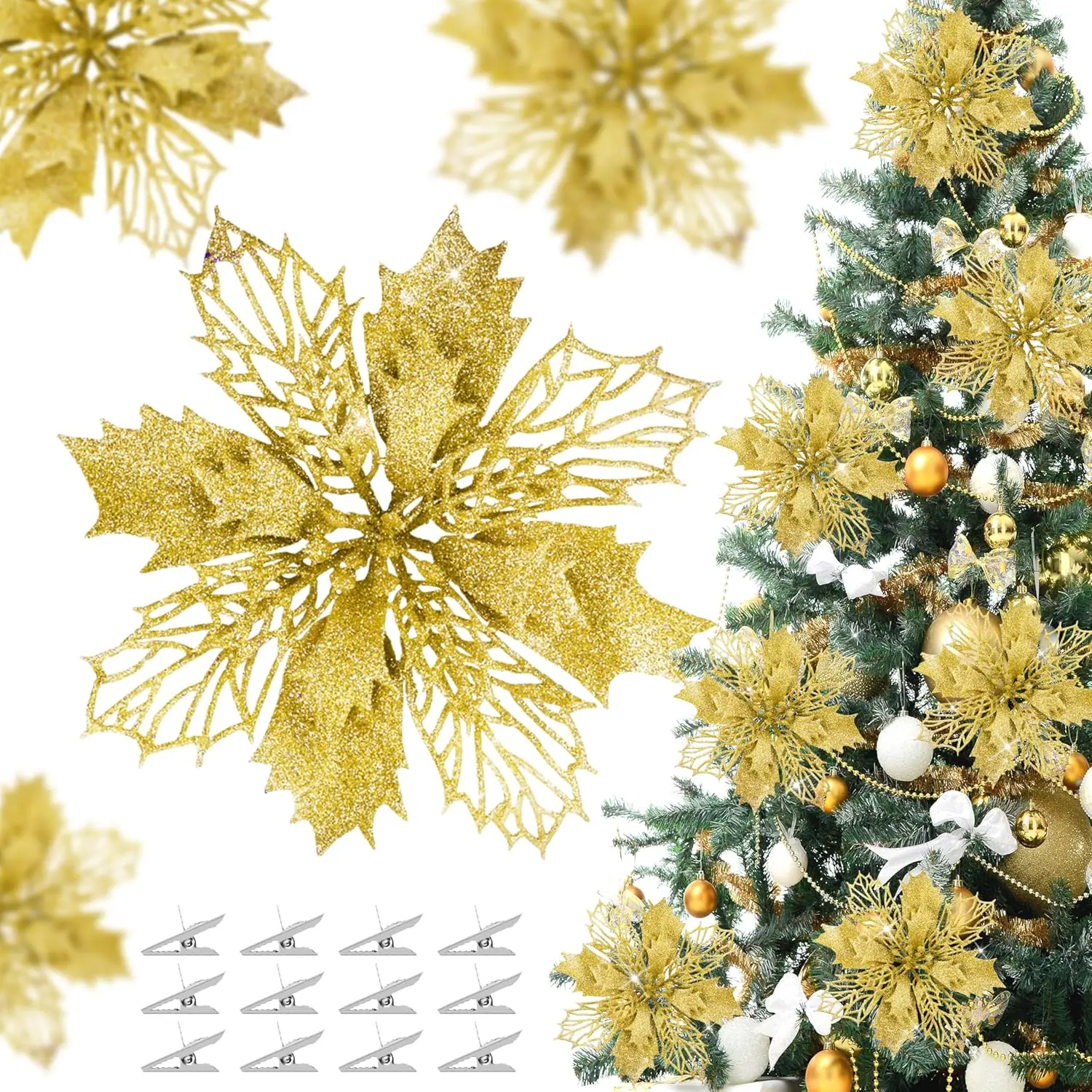 36 Pcs Colorful Plastic Glitter Poinsettia Artificial Flower Ornaments with Clips, Christmas Tree Decor, DIY Xmas Wreaths, Room, Wedding Holiday Home Party Supplies (Gold)