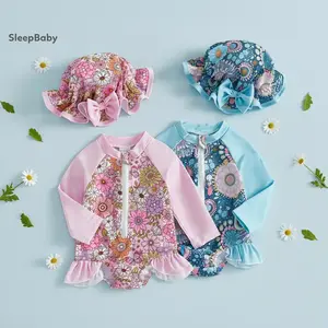 2 Piece Set Baby Girl Swimsuit Set Floral Rash Guard Long Sleeve Zip-up Bathing Suit With Cap  Adorable Letter Print Baby Swimwear Set