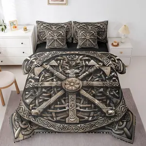 Ancient Viking Comforter Set 7 Piece Mysterious Totem Bedding Set,Retro Norse Viking Bed in A Bag for Kids Teen Adults