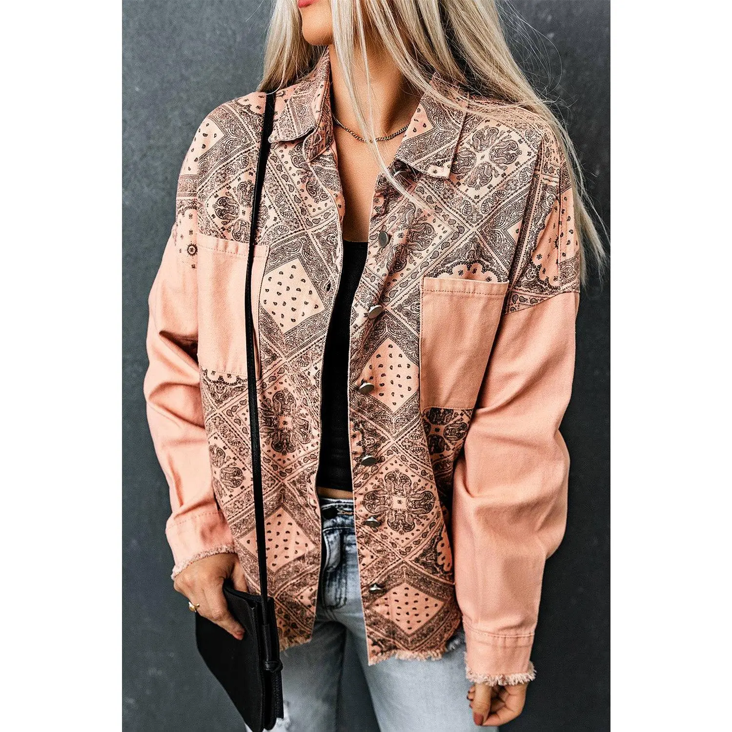 Printed Raw Hem Button Down Jacket with Pockets