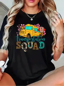 Women's Bus & Stop Sign T-Shirt - Transportation Squad Design, Casual Short Sleeve Round Neck Tee with Bus & Stop Sign Artwork, Black/Grey/White/Dark Red Options for Drivers, Educators, Parent Volunteers - Everyday Casual