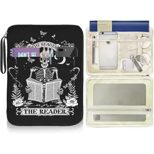 Book Sleeve Book Protector Pouch Case, Skull Book Sleeve with Zipper,Journal Book Sleeve Cover for Book Lovers Gifts, Gothic Skeleton  Book Club Gifts for Women Teacher Reader Librarian