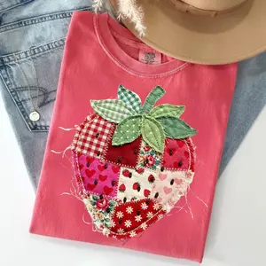 Strawberry Shirt, Faux Patchwork Quilted Farmhouse Berry Tee, Rustic Gingham Floral Cottagecore Aesthetic, Vintage Print Comfort Color Shirt
