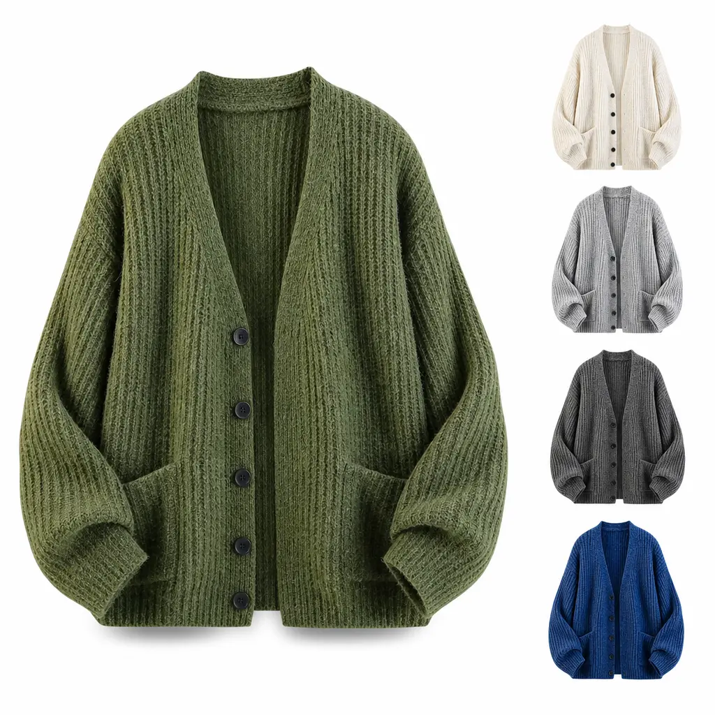 Relaxed knit cardigan sweater with a V-neck and single-breasted design, available in five colors, versatile casual outerwear for autumn and winter.