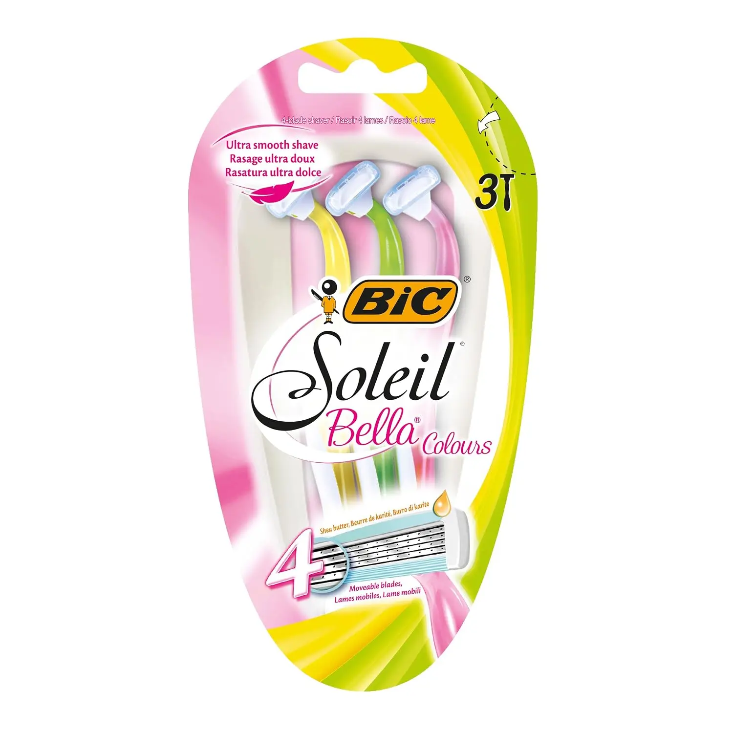 BIC Soleil Bella Colours 4-Blade Women's Razors - 3 Pack with Spring-Mounted Blades & Pivoting Head for a Luxuriously Smooth Shave
