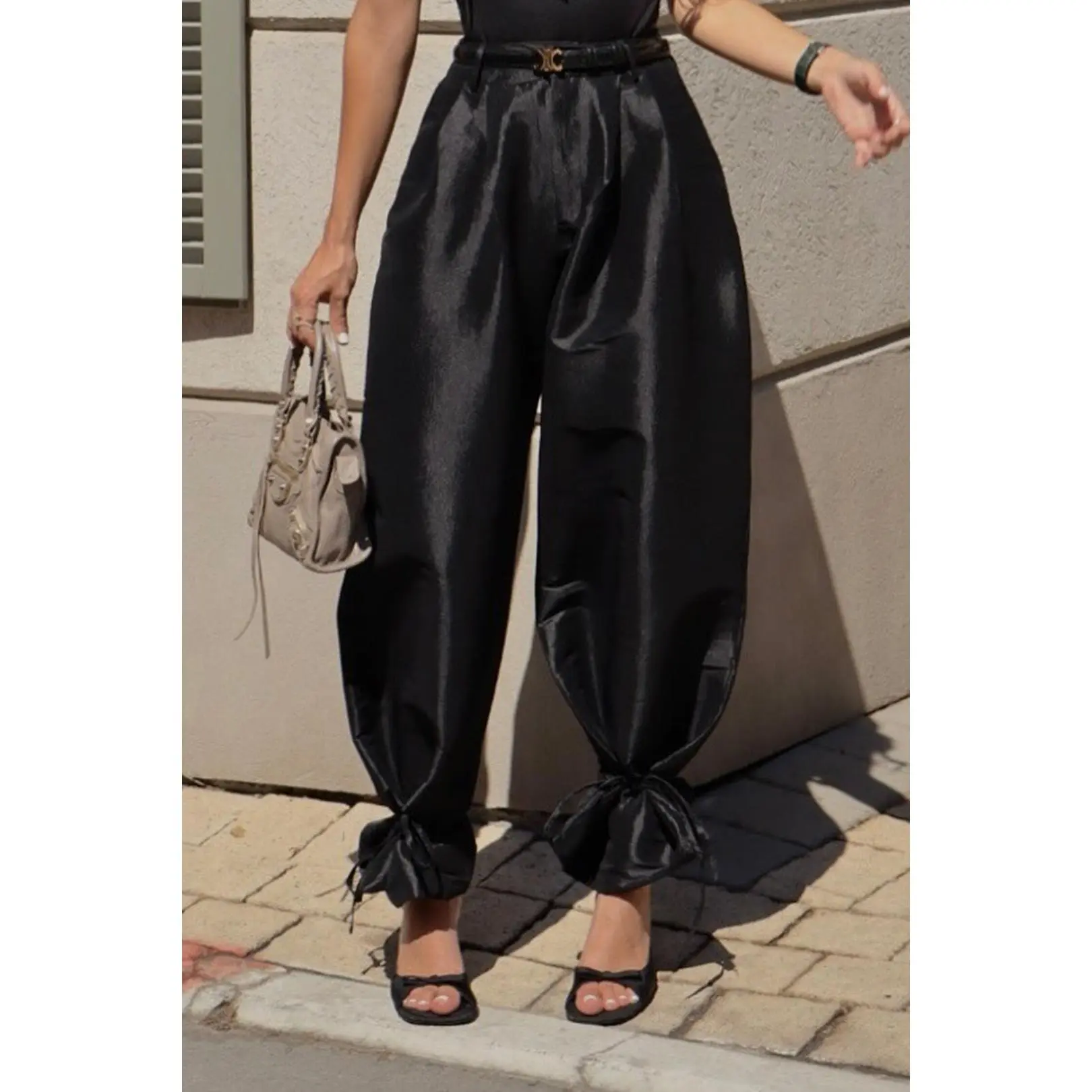 Women's Basic High-Waist Tie-Up Balloon Pants - Non-Stretch Polyester Twill Cloth, Casual Loose-Fitting Bottoms for Daily Wear