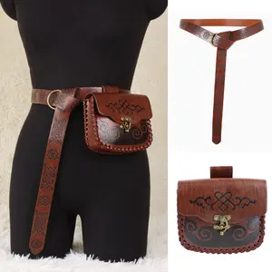 2pcs Vintage Celtic PU Leather Belt Bag Set, Medieval Knight Style Embossed Belt, European Style Belt, Stylish Belts, Floral and Geometric Patterns, Perfect for Daily Use and Halloween Costume Accessories