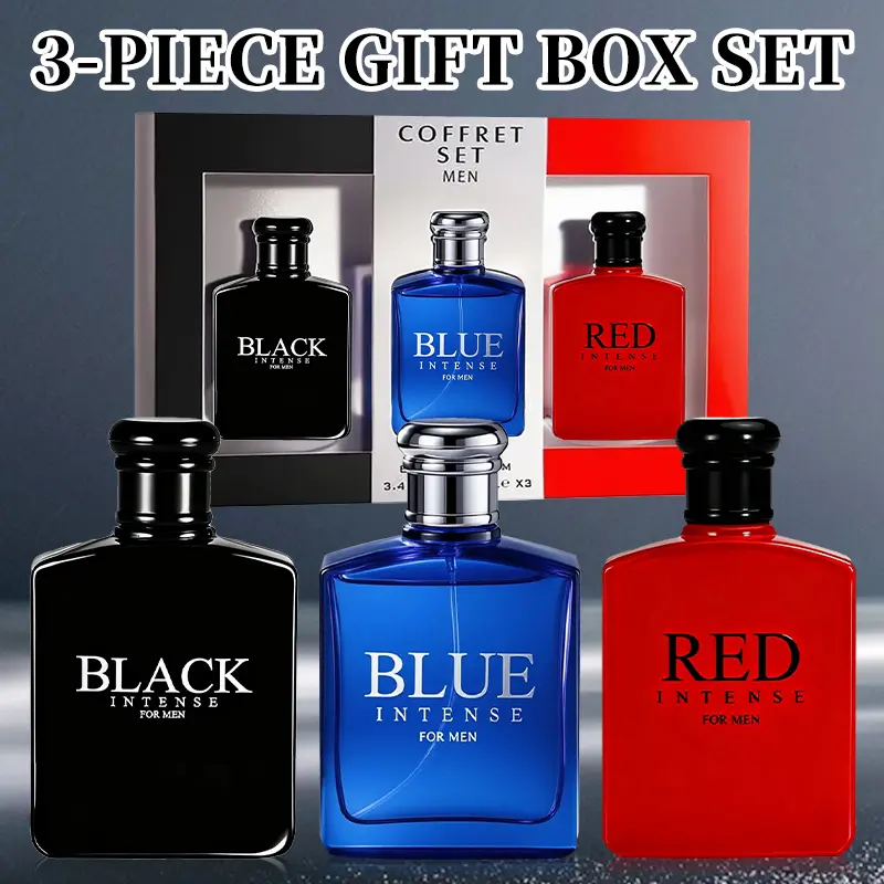Men's Perfume 3-piece Gift Set Eau de Parfum Spray Gifts for Men,Long Lasting Aromatic Fragrance,Fruit, Woody, Floral & Masculine,Perfect for Holiday Gifts, Dating, Daily Life, Parties Blue Black Red