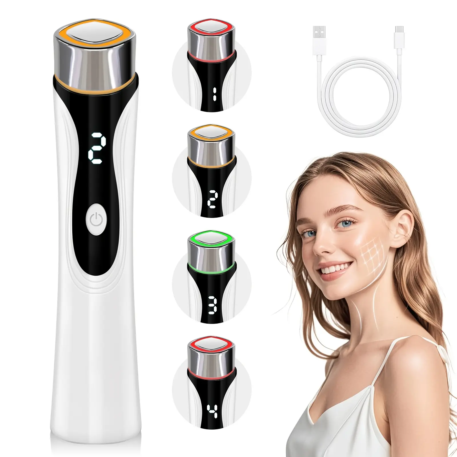 CMH Facial Beauty Device | Electric Massager | 4-Color LED & Vibration Massage Tool | Daily Home Skincare Device | White