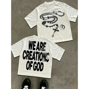 Men's Loose Fit Fashion Print T-Shirt, Cross Necklace Pattern, All-Season Casual Wear, Unisex Young College Street Style