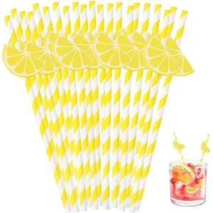60 Pcs Disposable Lemon Striped Paper Straws for Cocktail Drinks Milkshake Lemonade Festival Holiday Party Decoration Supplies